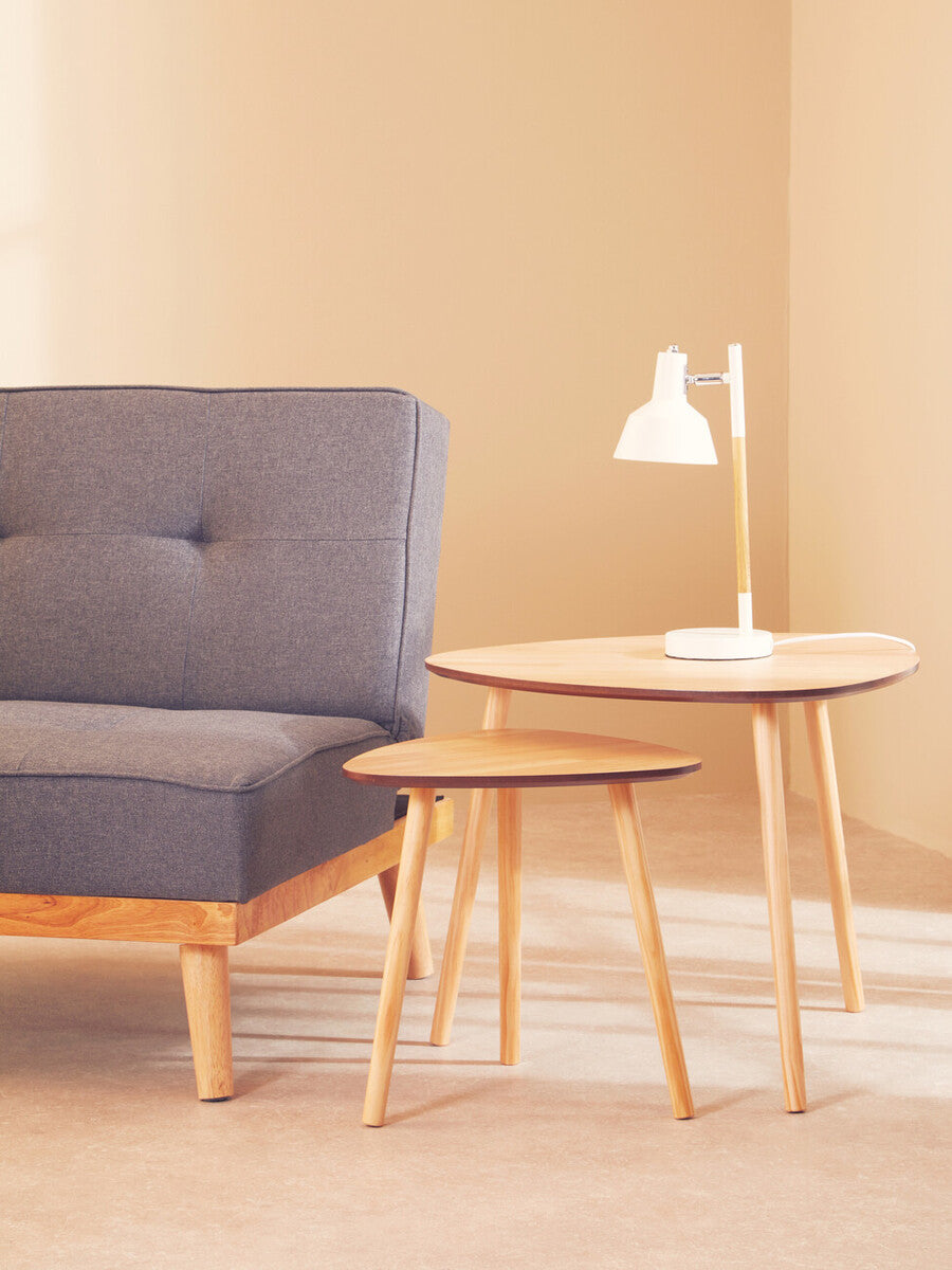 Set of 2 Natural Wooden Nesting Side Tables with Tripod Legs and Rounded Triangle Tops, Rostok