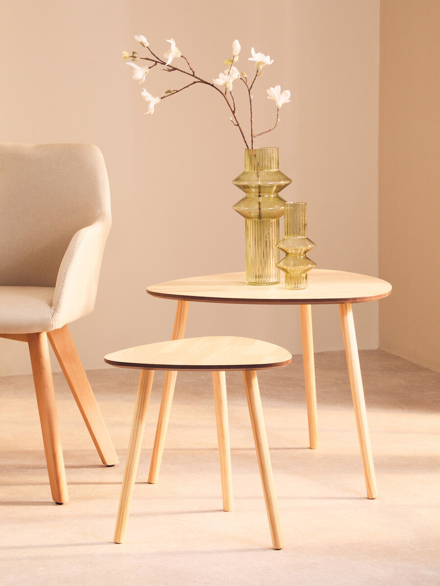Set of 2 Natural Wooden Nesting Side Tables with Tripod Legs and Rounded Triangle Tops, Rostok