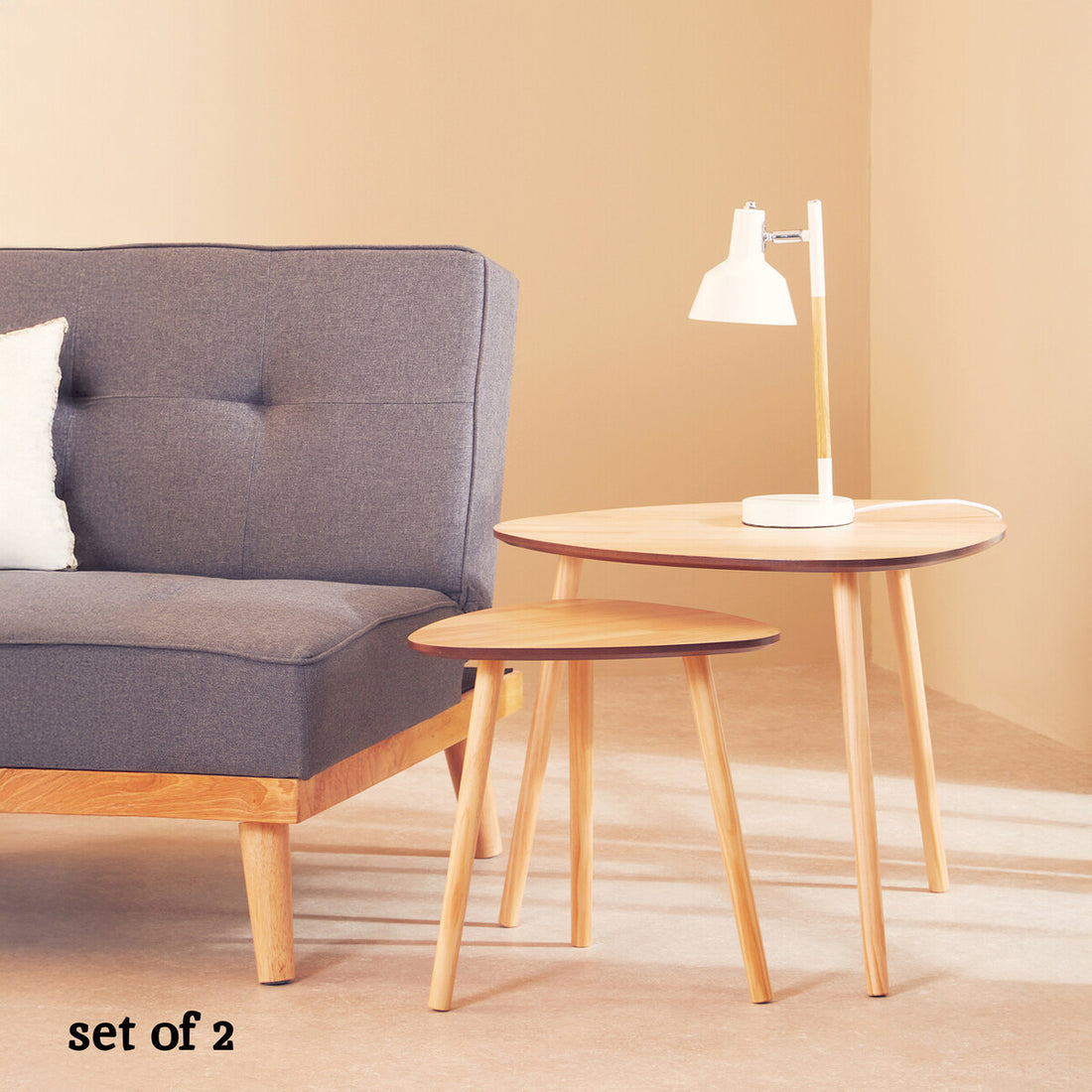 Set of 2 Natural Wooden Nesting Side Tables with Tripod Legs and Rounded Triangle Tops, Rostok