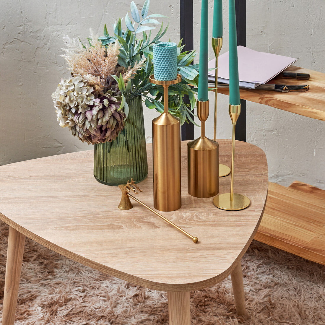 Set of 2 Natural Wooden Nesting Side Tables with Tripod Legs and Rounded Triangle Tops, Rostok
