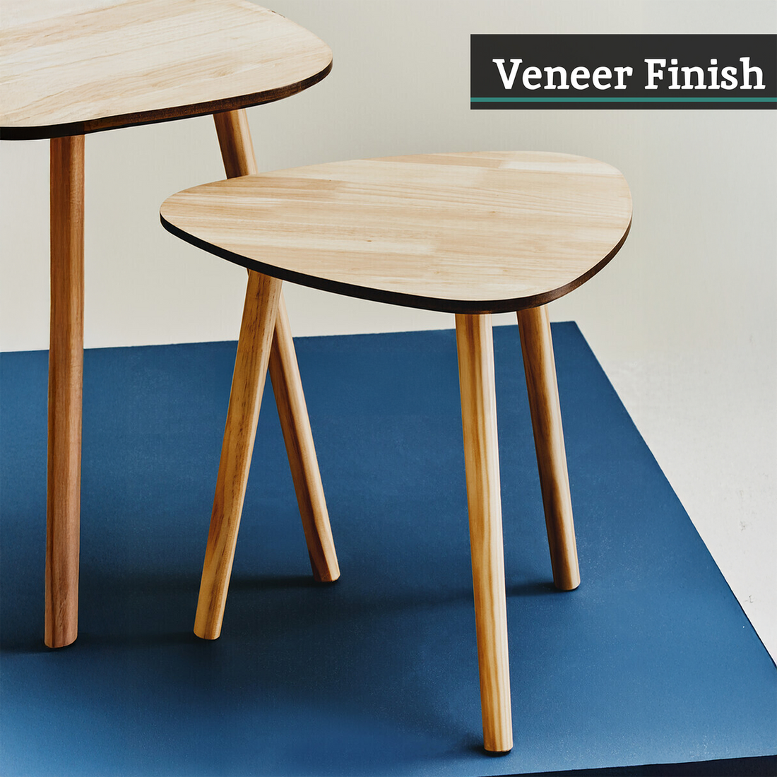 Set of 2 Natural Wooden Nesting Side Tables with Tripod Legs and Rounded Triangle Tops, Rostok