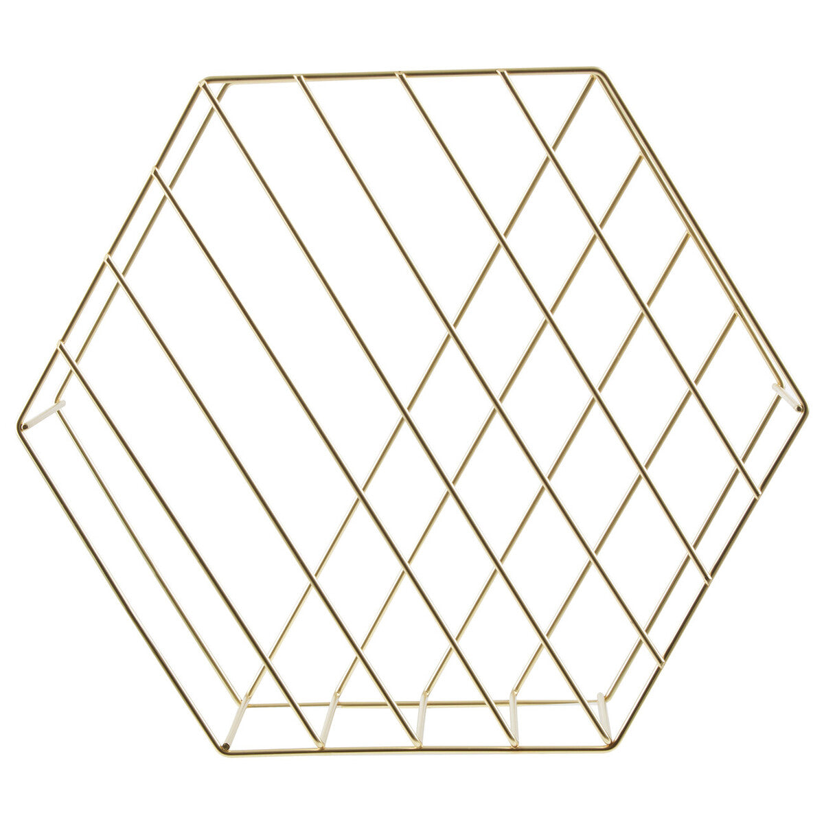 Hexagonal gold wire wall shelf on a white background