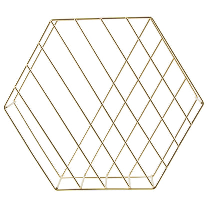 Hexagonal gold wire wall shelf on a white background