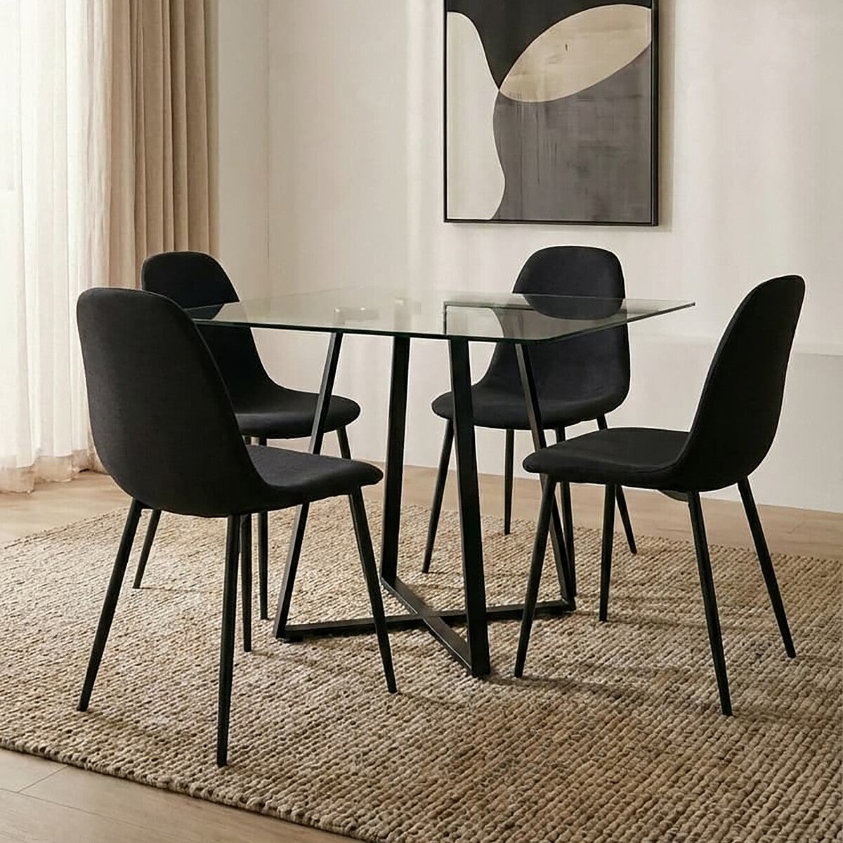 Clear Glass Top and Matte Black Square Steel Dining Table, Metropolitan