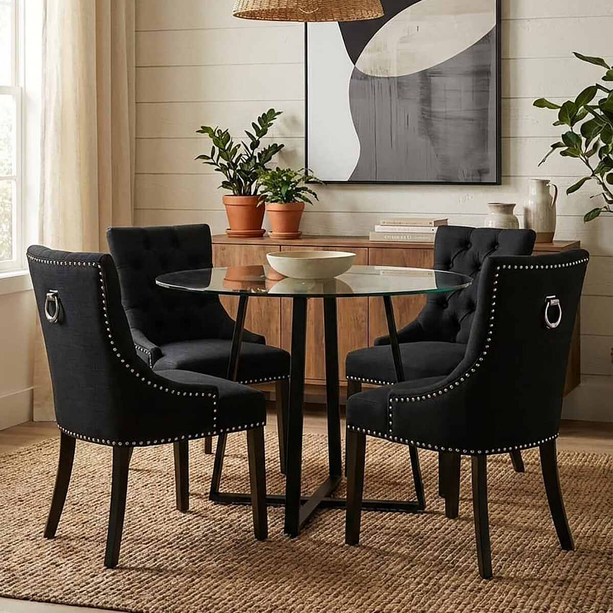 Clear Glass Top Matte Black Lattice Steel Dining Table, Metropolitan