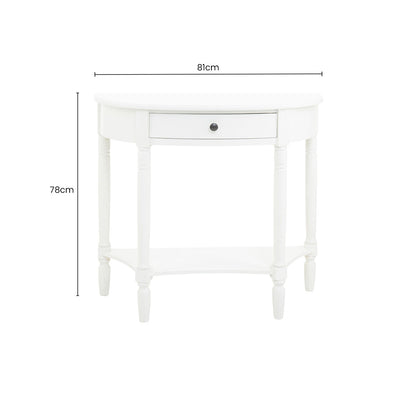 Half Moon White Wooden Console Table with One Drawer and Lower Shelf, Heritage