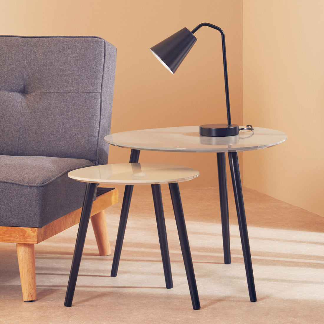 Set of 2 Grey Wooden Triangular Nesting Tables with Black Natural Wood Legs, Nostra