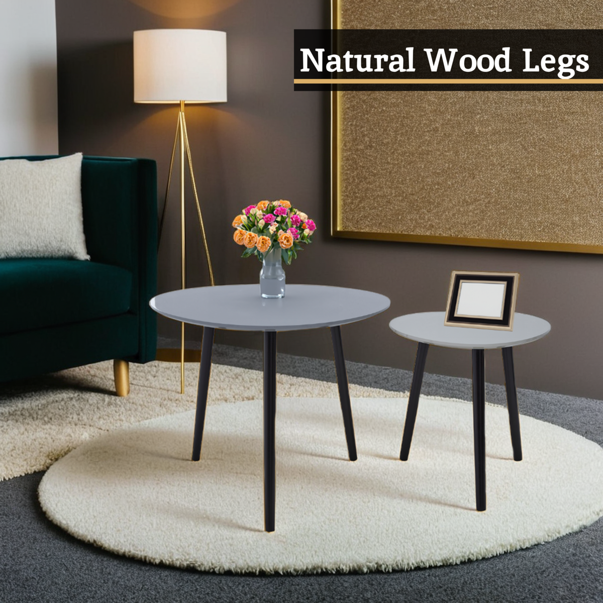 Set of 2 Grey Wooden Triangular Nesting Tables with Black Natural Wood Legs, Nostra