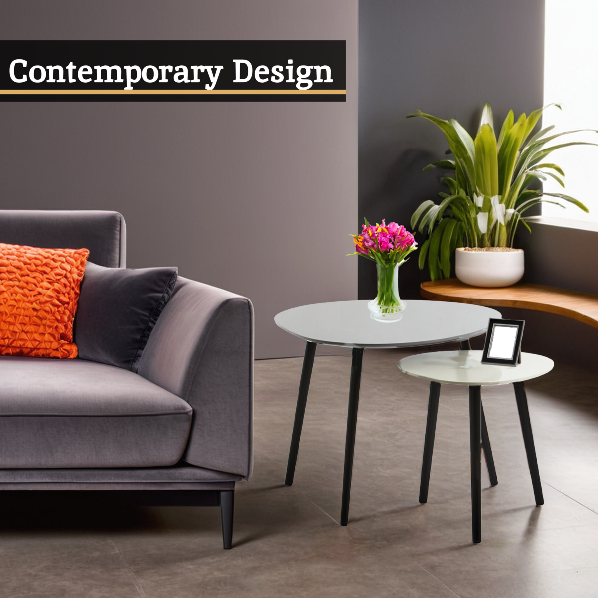 Set of 2 Grey Wooden Triangular Nesting Tables with Black Natural Wood Legs, Nostra