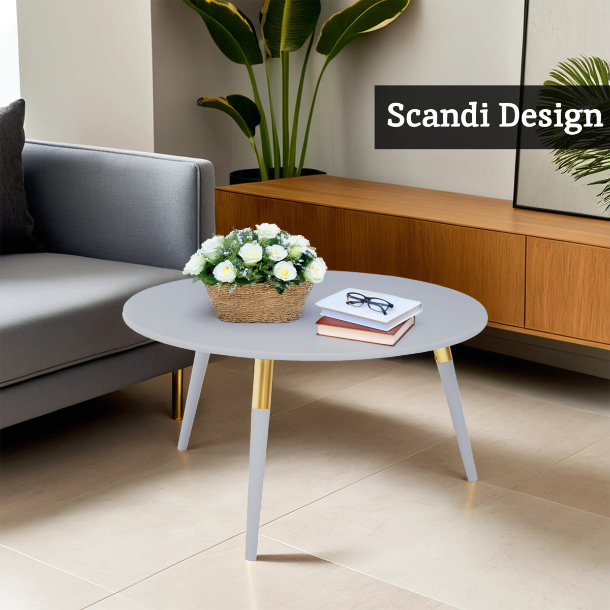 Light Grey Round Top Wooden Coffee Table with Natural Wood Legs and Gold Trim, Nostra