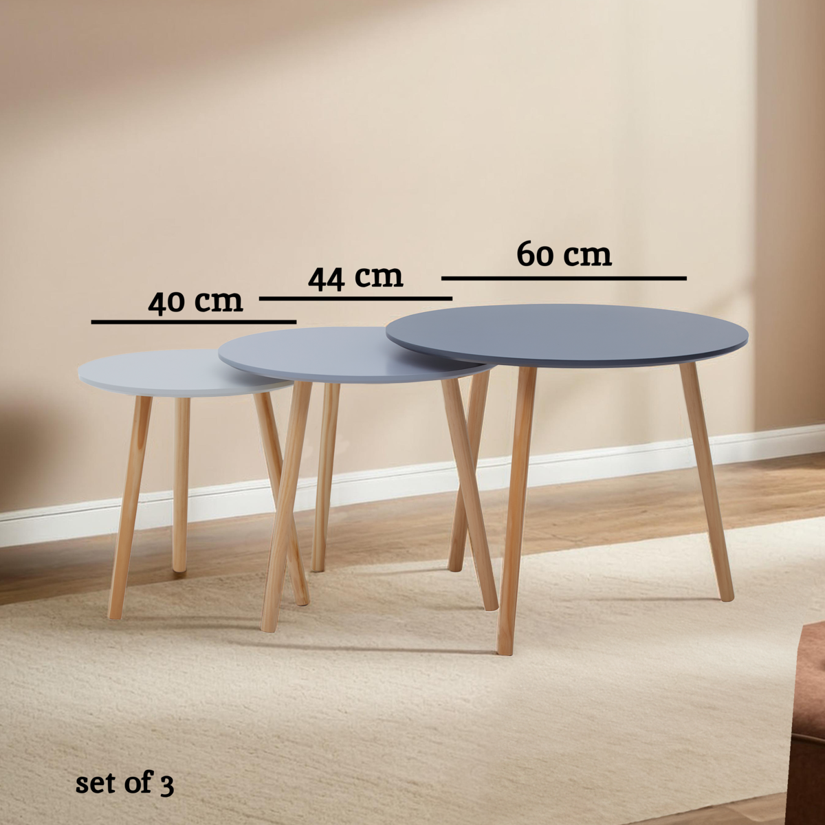 Set of 3 Grey Wooden Round Tables with Natural Wood Legs, Nostra