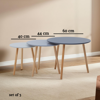 Set of 3 Grey Wooden Round Tables with Natural Wood Legs, Nostra