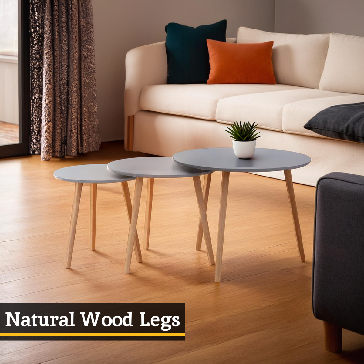 Set of 3 Grey Wooden Round Tables with Natural Wood Legs, Nostra