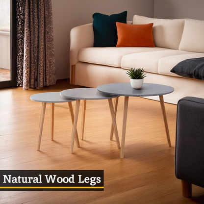 Set of 3 Grey Wooden Round Tables with Natural Wood Legs, Nostra