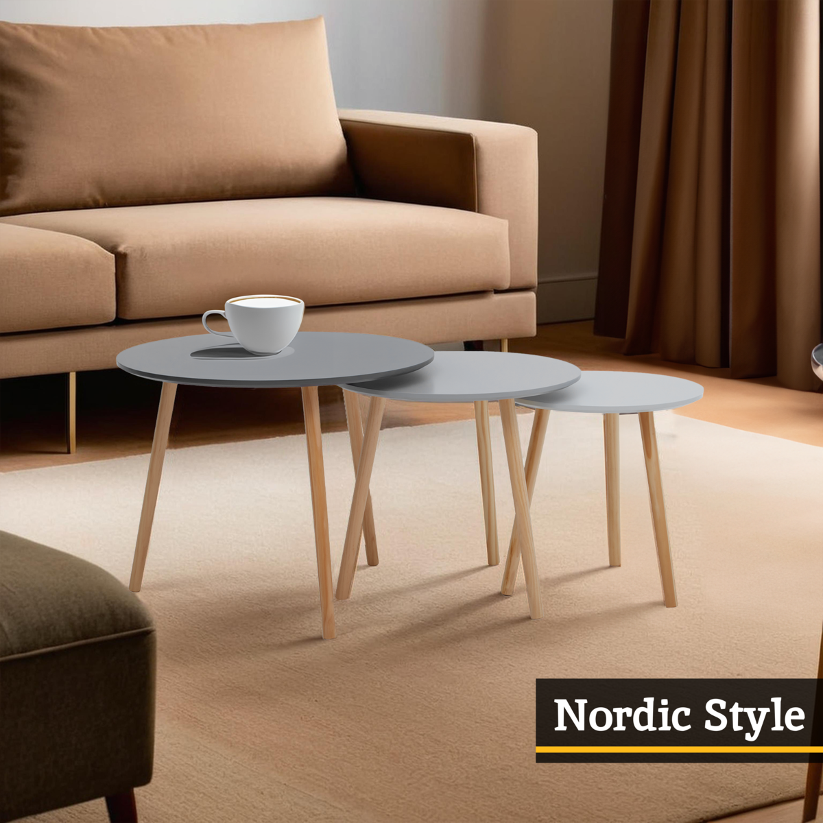 Set of 3 Grey Wooden Round Tables with Natural Wood Legs, Nostra