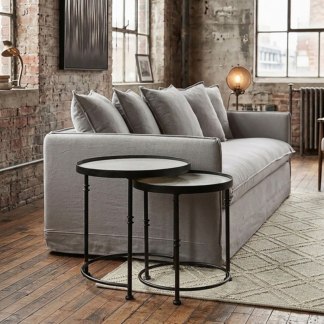 Set of 2 Black Frame and White Marble Top Round Nesting Side Tables, Arcana