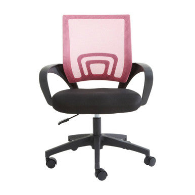 Black office chair with pink mesh backrest on a white background