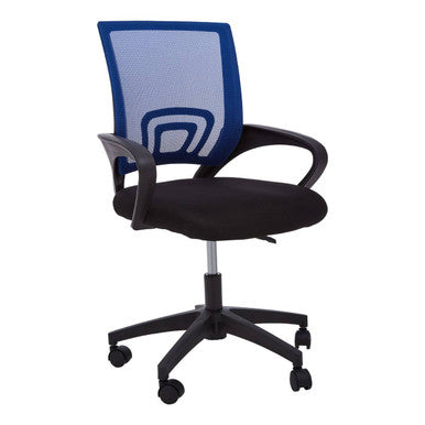 Black office chair with blue mesh backrest on a white background