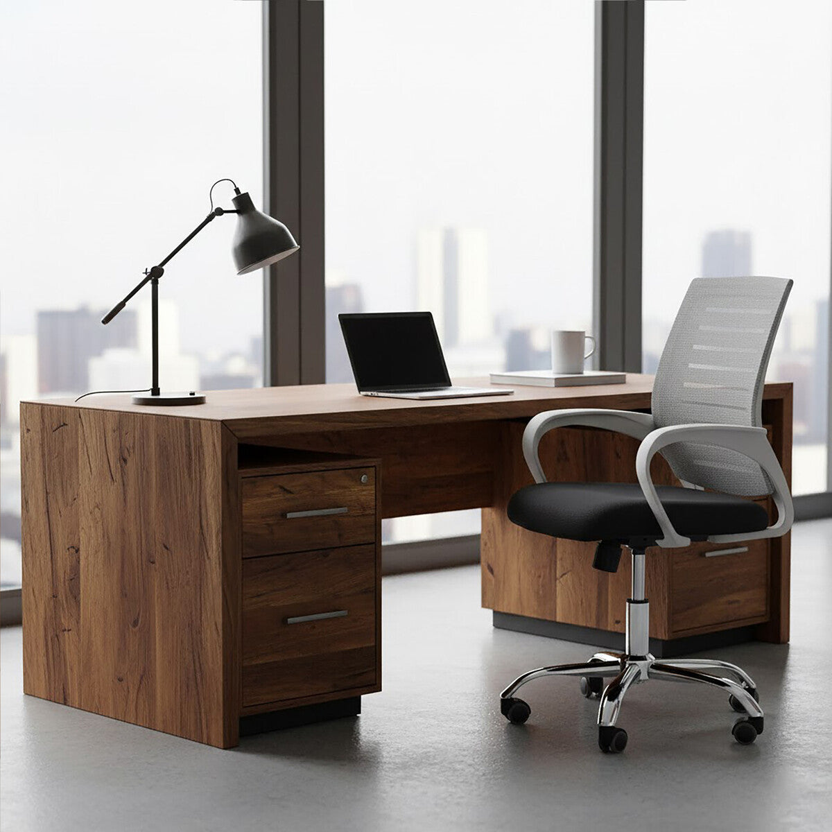 Wooden office desk with a chair and lamp in a modern office setting