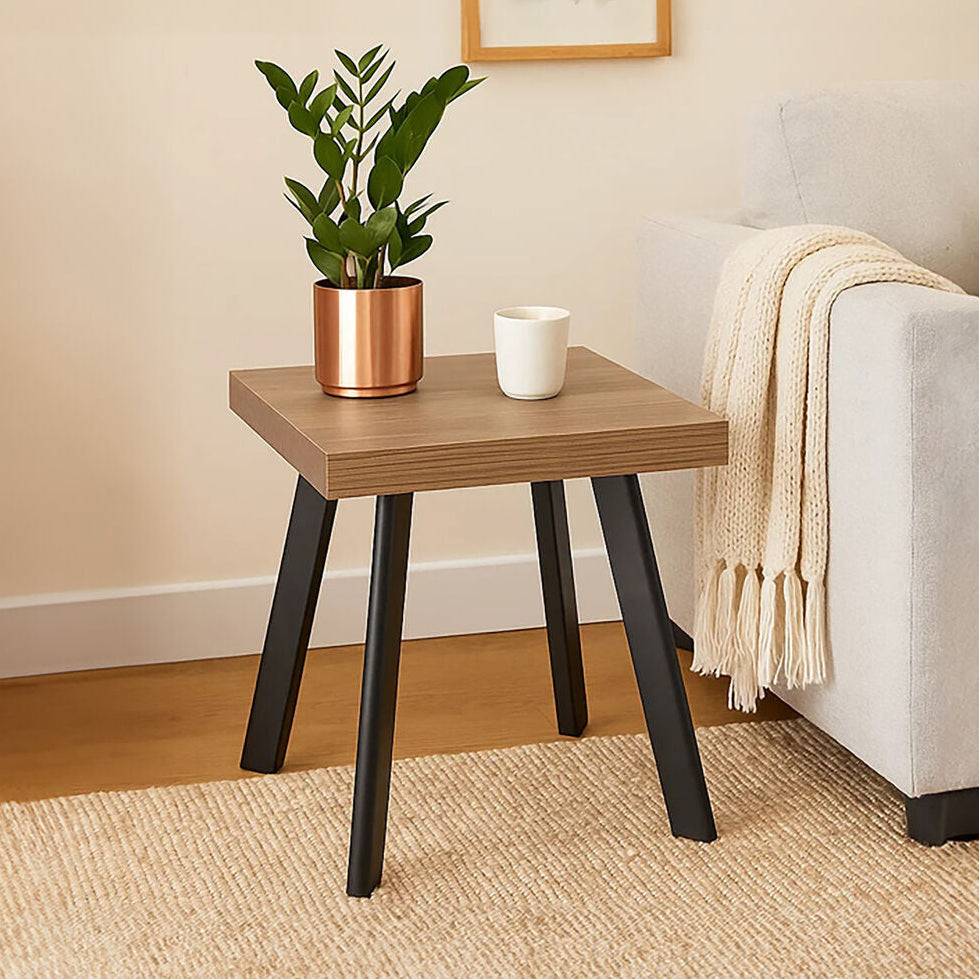 Natural Wood Effect Top Side Table with Black Metal Splayed Legs, Oakwill