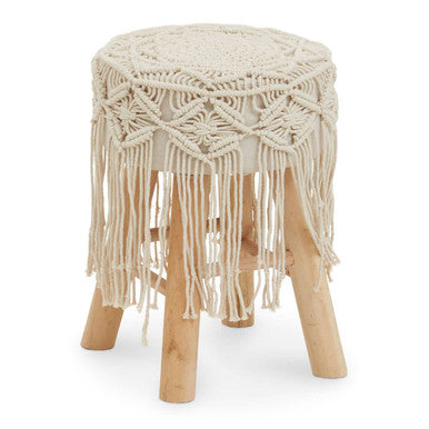 Wooden stool with macrame top on a white background