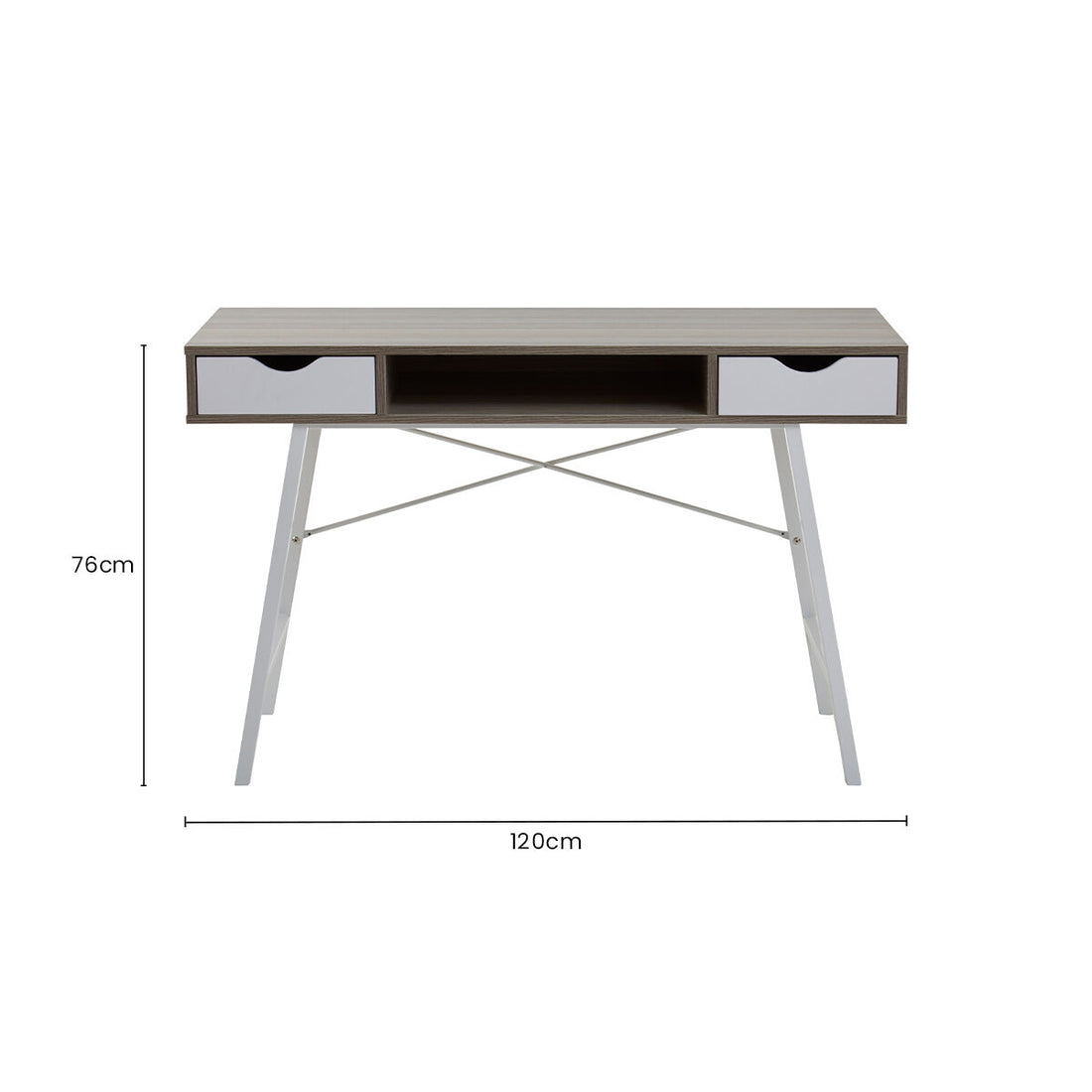 Light Oak Veneer Effect 2 Drawer Desk in White Finish Frame, Bradbury