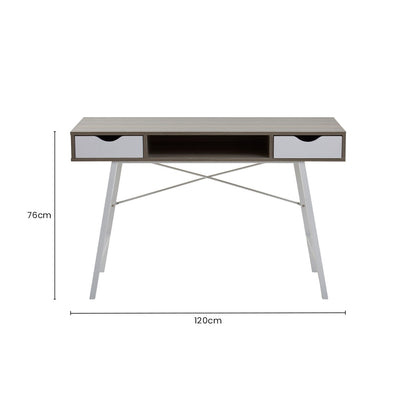 Light Oak Veneer Effect 2 Drawer Desk in White Finish Frame | Bradbury