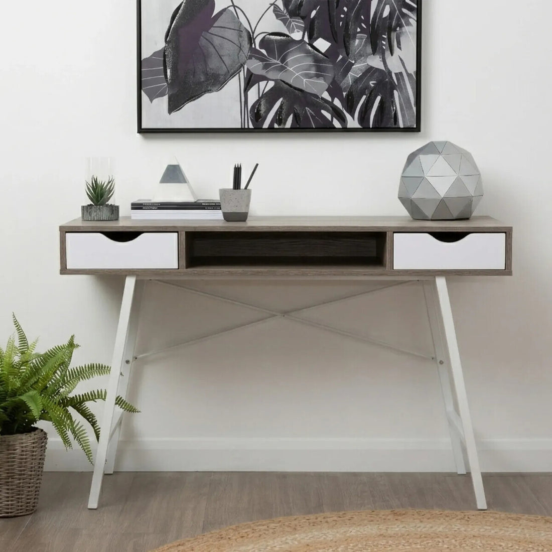 Light Oak Veneer Effect 2 Drawer Desk in White Finish Frame, Bradbury