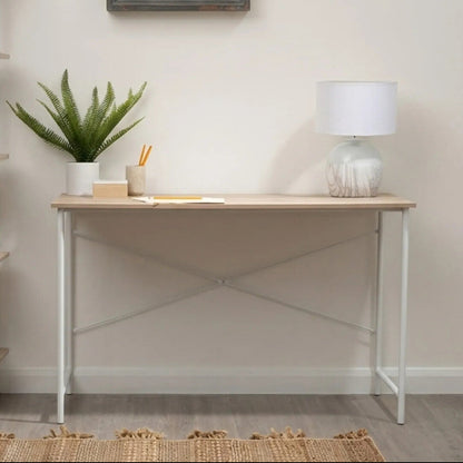 Wooden desk with a plant, lamp, and office supplies in a room setting.