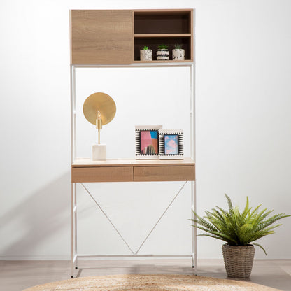 Wooden shelf with decorative items and a plant on a light gray background