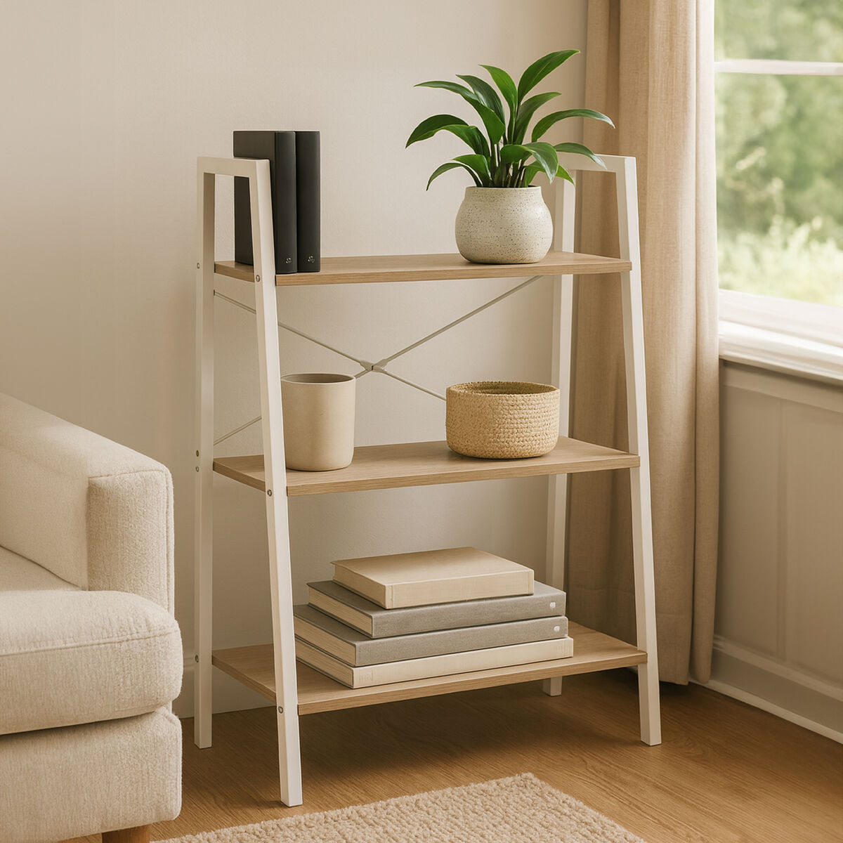 Bradbury Three Tier Natural Oak Veneer Ladder Shelf Unit