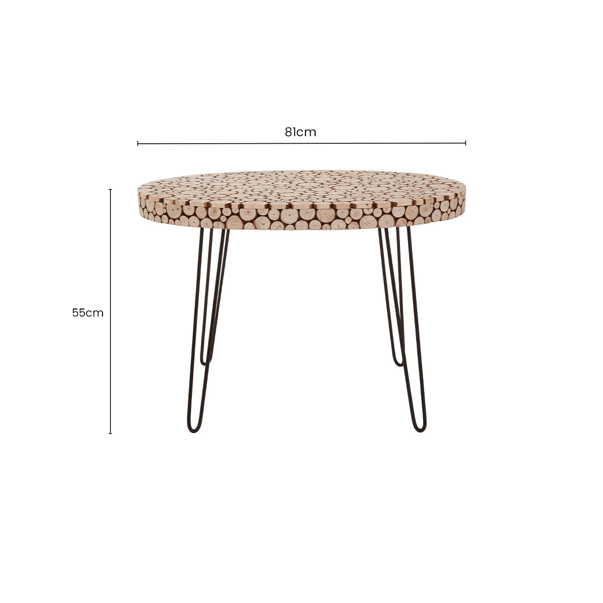 Natural Fir Wood Disc Mosaic Oval Coffee Table with Black Metal Hairpin Legs, Lacuna