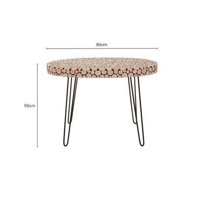 Natural Fir Wood Disc Mosaic Oval Coffee Table with Black Metal Hairpin Legs, Lacuna