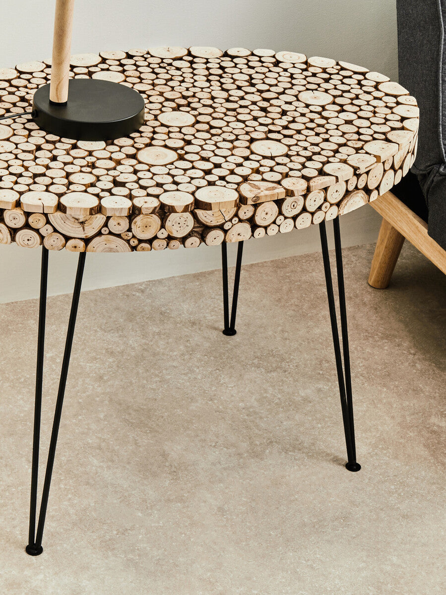 Natural Fir Wood Disc Mosaic Oval Coffee Table with Black Metal Hairpin Legs, Lacuna