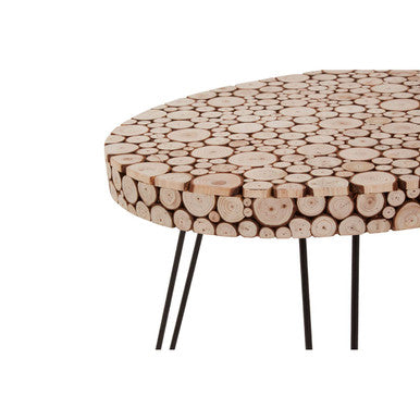 Natural Fir Wood Disc Mosaic Oval Coffee Table with Black Metal Hairpin Legs, Lacuna