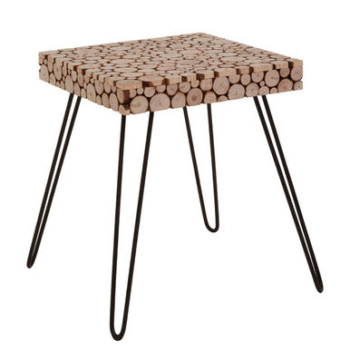 Distressed Fir Wood and Disc Top Square Side Table with Hairpin Legs, Lacuna