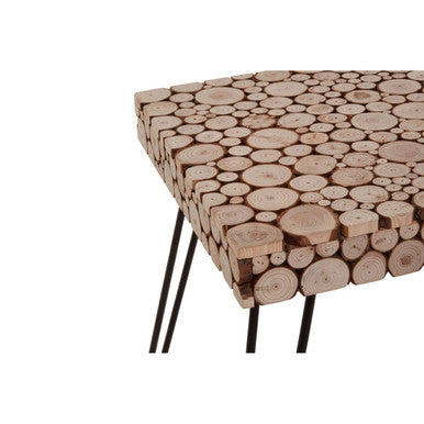 Distressed Fir Wood and Disc Top Square Side Table with Hairpin Legs, Lacuna