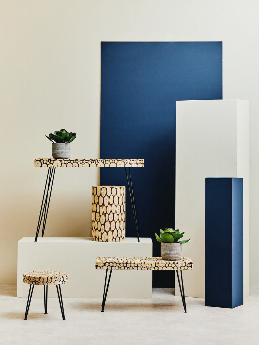 Distressed Fir Wood Disc Top Coffee Table with Black Hairpin Legs, Lacuna