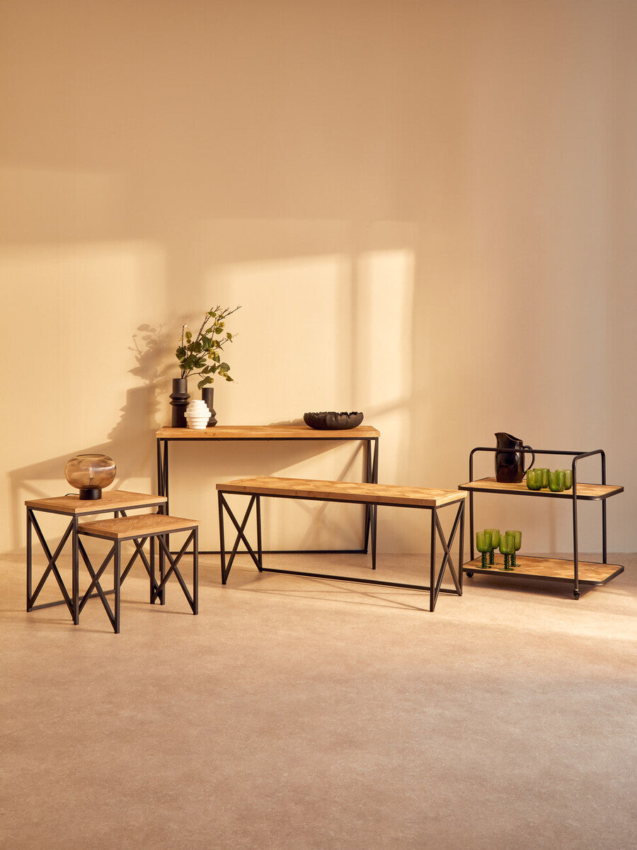 Kickford Parquet Fir Wood Set Of Two Nesting Tables