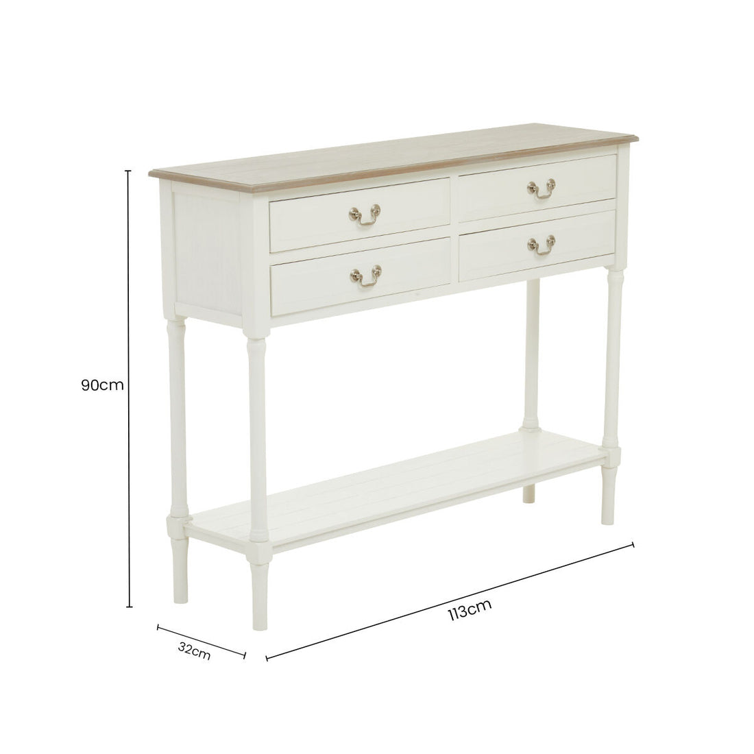 Natural Wood Frame and White 4 Drawer Pine Wood Side Table with Lower Storage Shelf, Heritage