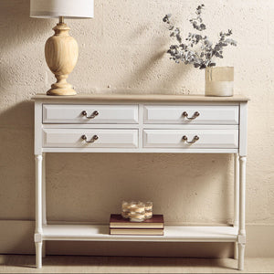 Natural Wood Frame and White 4 Drawer Pine Wood Side Table with Lower Storage Shelf, Heritage