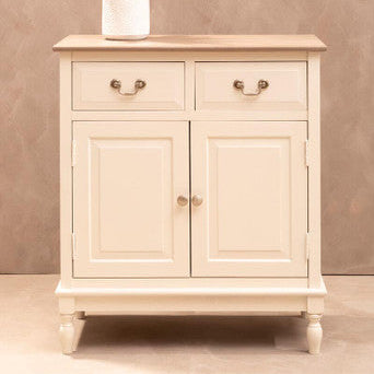 Light wooden sideboard with two drawers and two doors, featuring a small potted plant on top against a beige background.