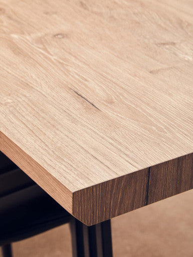 Light Brown Veneer Wooden Top Dining Table with Black U Shaped Metal Base, Adele