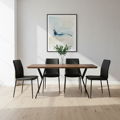 Dining area with a wooden table and black chairs, featuring a piece of abstract art on the wall.