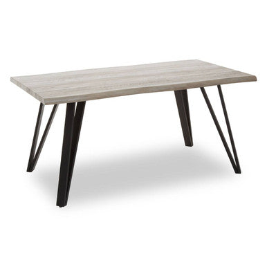 Rectangular table with a light wooden top and black metal legs on a white background