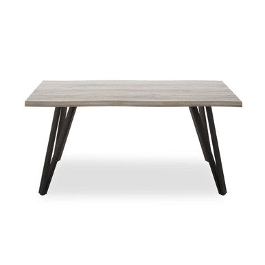 Rectangular table with a wooden top and black metal legs on a white background