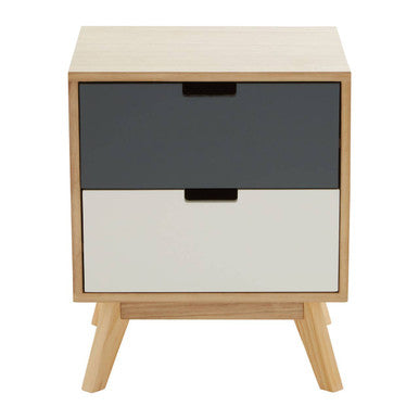 Two-toned nightstand with wooden legs on a white background