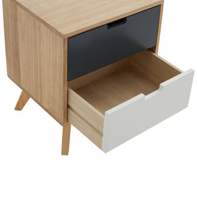Grey and White Two-Drawer Bedside Table with Natural Wood Finish Frame, Watson