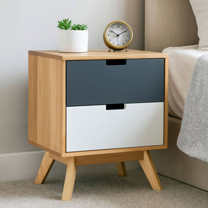 Grey and White Two-Drawer Bedside Table with Natural Wood Finish Frame, Watson