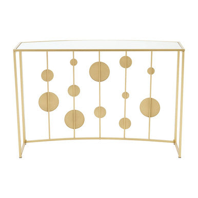 Console table with gold circular design on a white background